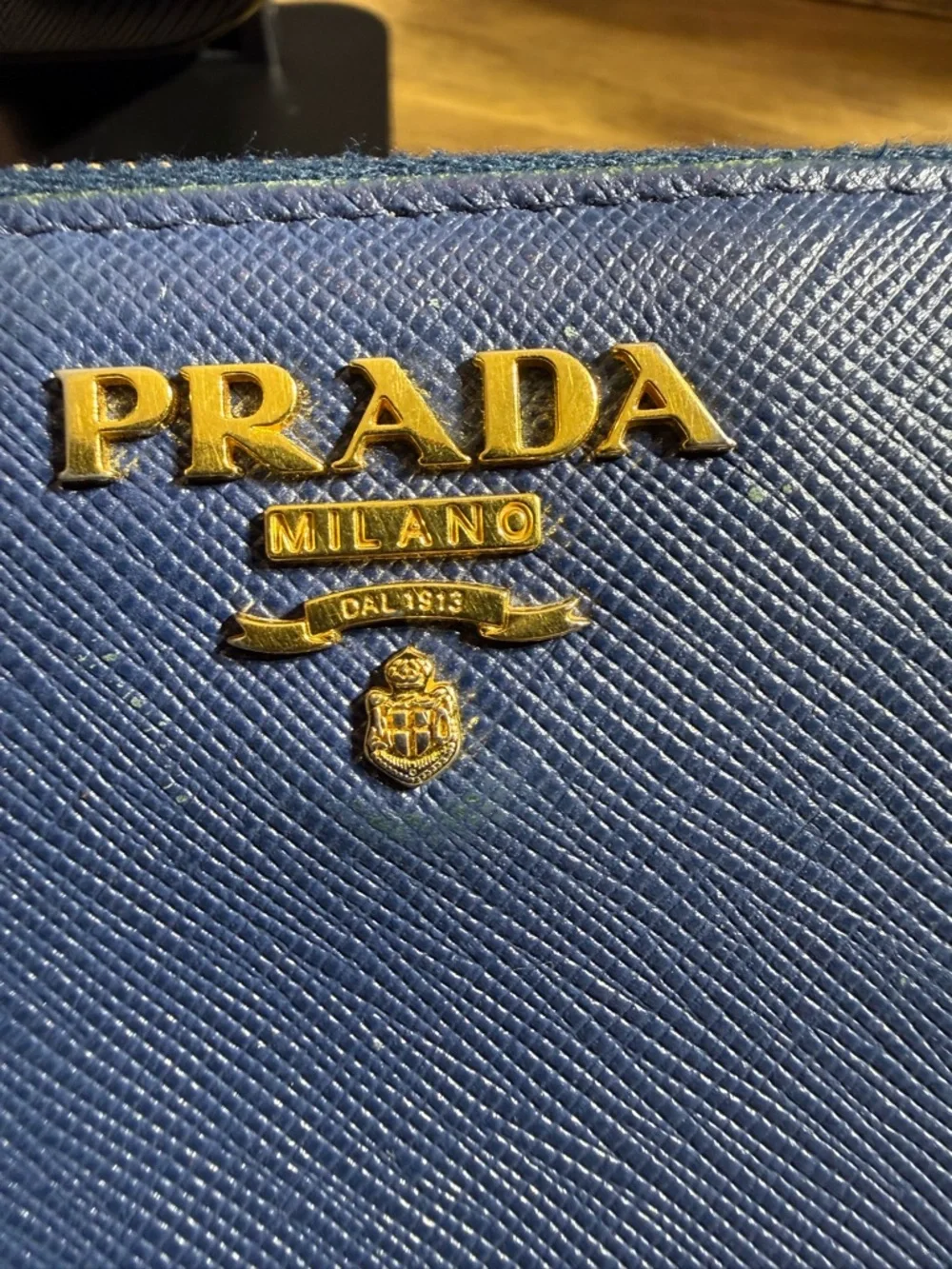 Prada Blue Saffiano Leather Zip Wallet with Gold Logo - Picture 2 of 16